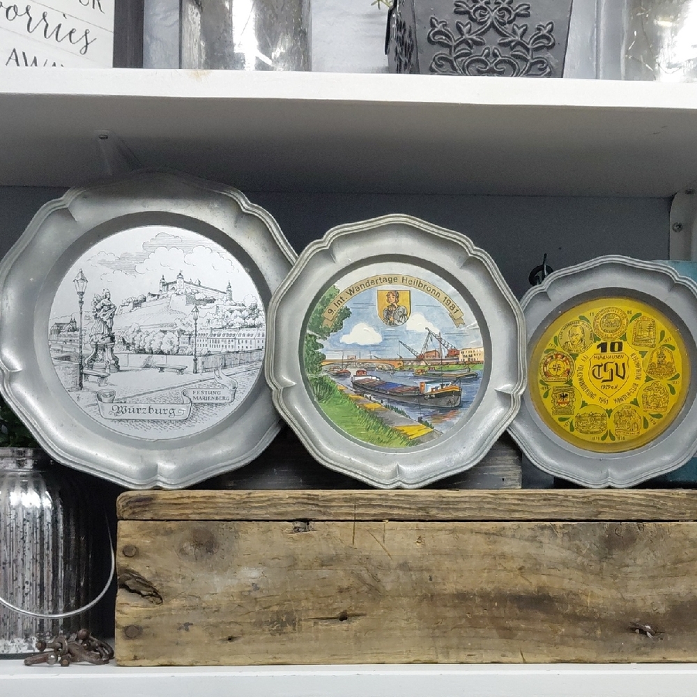 Decorative Pewter German Plate Bundle Of 3